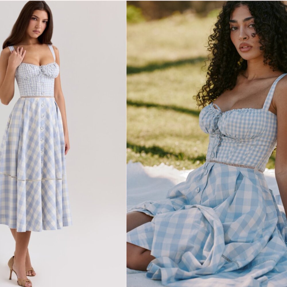 House of CB Chiarina light blue gingham stretch cotton midi dress NWOT